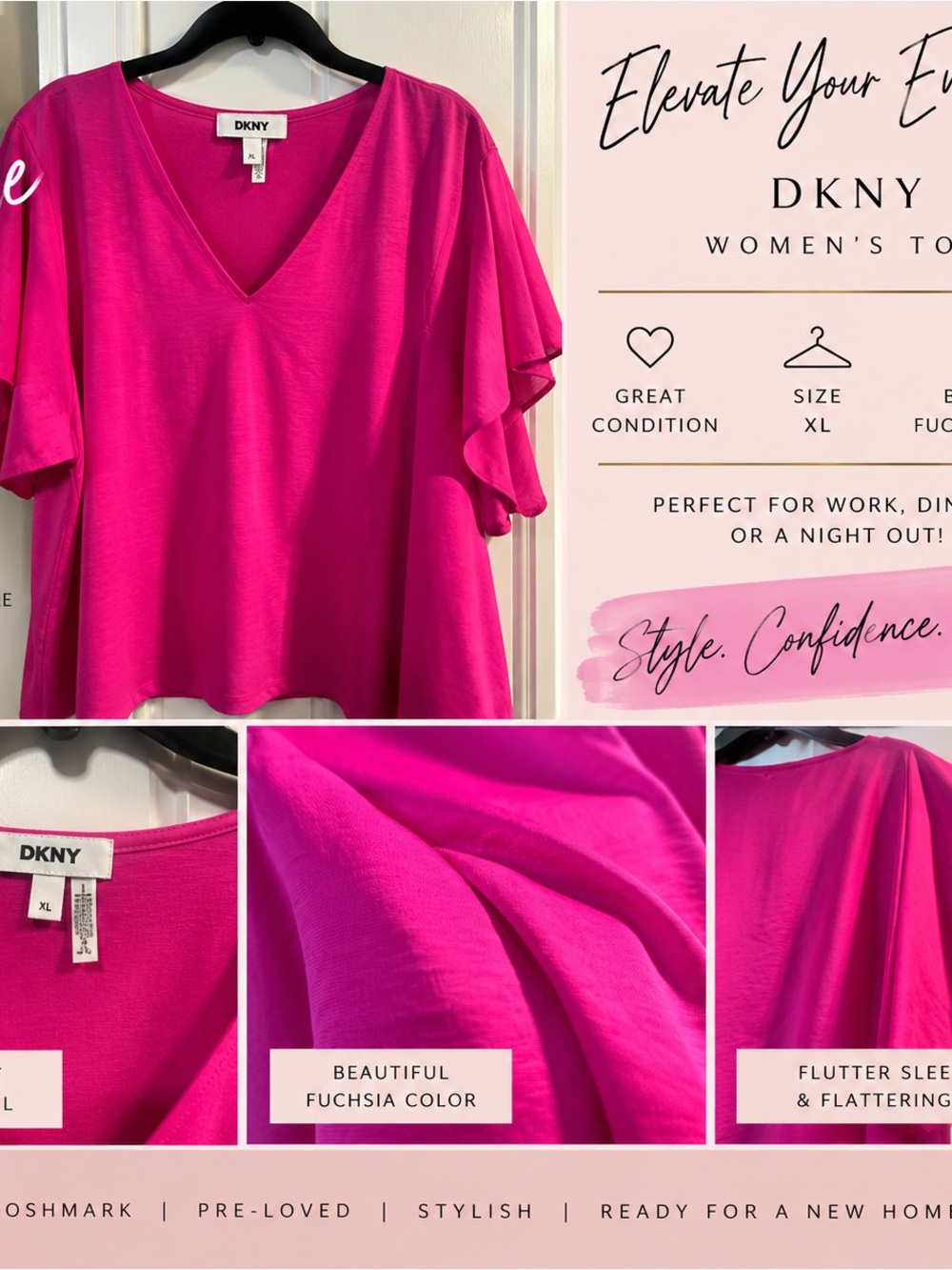 DKNY Fuchsia V-Neck Flutter Sleeve Blouse
